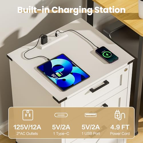 Onelike Small Wood File Cabinet with Charging Station and Lock, 3 Drawers | Built-in 2 AC, USB & Type-C; 1 lock secures 3 drawers; Nightstand, Printer stand and Mobile under-desk cabinet; White - style: 3 Drawers