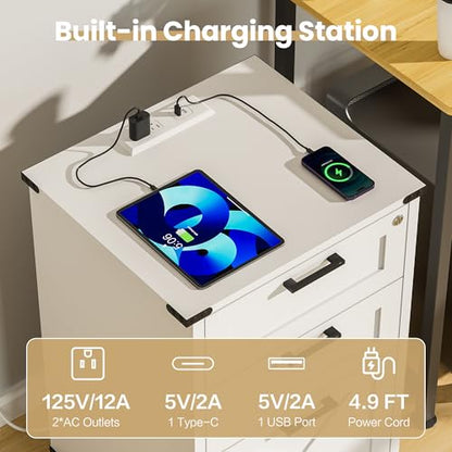 Onelike Small Wood File Cabinet with Charging Station and Lock, 3 Drawers | Built-in 2 AC, USB & Type-C; 1 lock secures 3 drawers; Nightstand, Printer stand and Mobile under-desk cabinet; White - style: 3 Drawers
