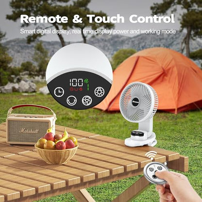 AMACOOL Battery Operated Camping Fan with Light, 20000mAh Rechargeable Clip on Fan with Hook & Digital Display, 112Hrs Running, 9 Speed, 360° Rotation Portable Small Fans for Tent Camping RV Travel - color: White