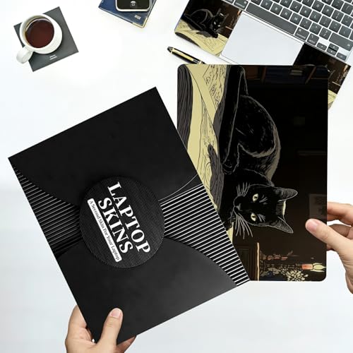 Universal Laptop Skin Sticker with 2 Wrist Pad Decals, 3-Piece Removable Vinyl Laptop Cover, Black Cat Reading Book Waterproof Anti-Scratch, Easy-Trim Fit for 13.3" 14" 15.6" Laptops - color: Black Cat Reading Book
