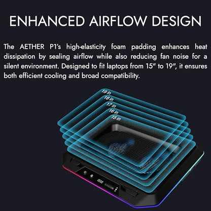 GAMDIAS Black Laptop Cooling Pad for Gaming Laptops up to 19”, Dual 135mm Fans, RGB Lighting, 7 Adjustable Heights, USB-A & USB-C Ports, Phone Stand, Aether P1