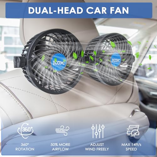 XOOL Clip Car Fan, Adjustable Dual Head 4 Inches 12V Fan for Front/Rear Seat Passenger, 360° Rotatable Electric Car Cooling Fans with Stepless Speed Regulation for SUV, RV, Vehicles - size: Cigarette Dual Fan - Clip
