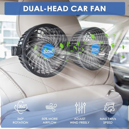 XOOL Clip Car Fan, Adjustable Dual Head 4 Inches 12V Fan for Front/Rear Seat Passenger, 360° Rotatable Electric Car Cooling Fans with Stepless Speed Regulation for SUV, RV, Vehicles - size: Cigarette Dual Fan - Clip