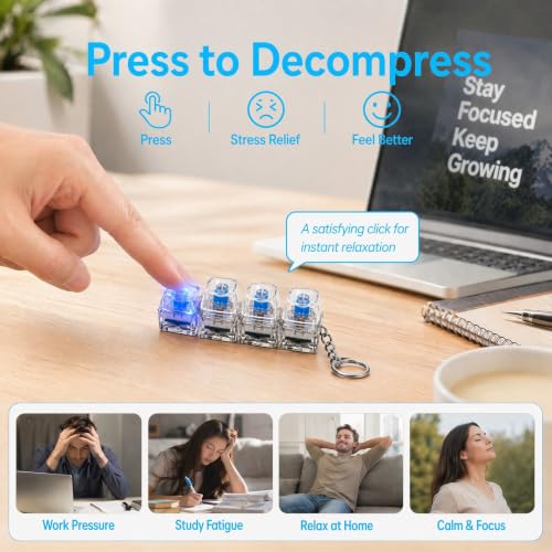 Keyboard Fidget Keychain, LED Clicker Fidget Toy, Sensory Stress Relief,2-Pack 4-Key Mechanical Switches, Crystal Rounded Keycaps, Adjustable LED Glow, DIY Stickers & Spare Keycaps Included