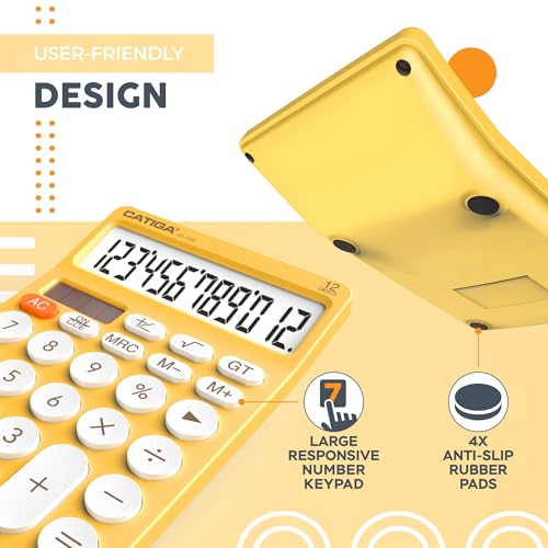 CATIGA 12 Digit Desktop Calculator Basic Desk Calculator with Large LCD Display, Big Buttons, 4 Function, Solar and Battery Dual Power, for Office, School, Home, SD-1292 Yellow - color: 9) Yellow