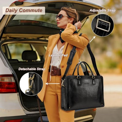 Banuce Italian Full Grain Leather Briefcase for Women Fits 15.6" Laptop | Eco-friendly Leather,Paded Laptop Compartment,Travel-friendly Luggage Strap,Detachable Strap,Office Work,Business Travel - color: Black