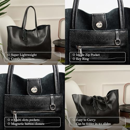 Italian Leather Tote Bag for Women - Large Shoulder Shopper, Fits 16” Laptop, Keychain Holder, Made in Italy - color: Black
