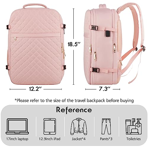 Large Travel Backpack Women, Flight Approved Carry On Backpack, Water Resistant Anti-Theft Large Casual Daypack Fit 17 Inch Laptop with USB Charging Port, Pink - color: Pink, size: 17.3 inch