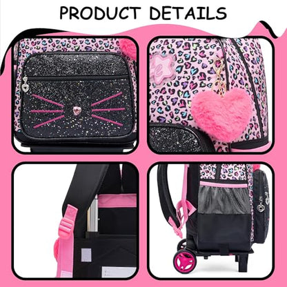 Rolling Backpack for Girls,Lightweight Backpack with Wheels for Kids 8-12,Wheeled School Backpack with Removable Trolley - color: Black Pink Cat