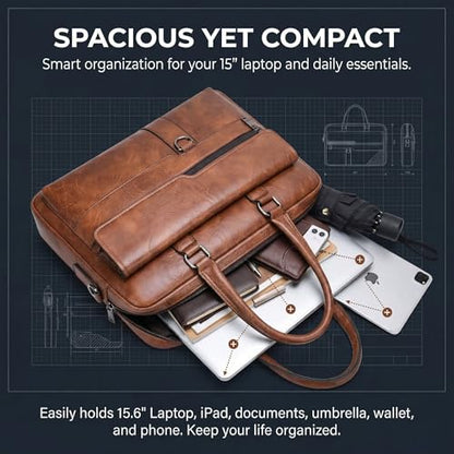 Men's Leather Laptop Bag 15 IN, Water-Resistant Briefcase Messenger Bag for Work, Business, Shoulder Crossbody Office Satchel - color: Deep Khaki