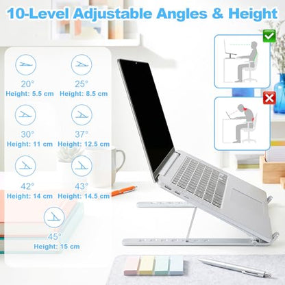SAYEEC Laptop Stand for Desk Portable Laptop Riser 7 Angles Ergonomic Adjustable Computer Stand Aluminum Foldable Laptop Stands Ventilated Cooling Notebook Holder for 10-15.6" Laptops Tablet (Silver) - color: Silver
