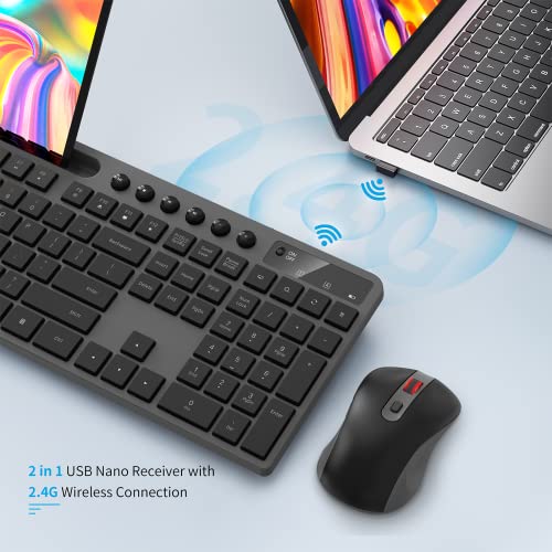 Wireless Keyboard and Mouse Combo, MARVO 2.4G Ergonomic Wireless Computer Keyboard with Phone Tablet Holder, Silent Mouse with 6 Button, Compatible with MacBook, Windows (Grey) - color: Grey