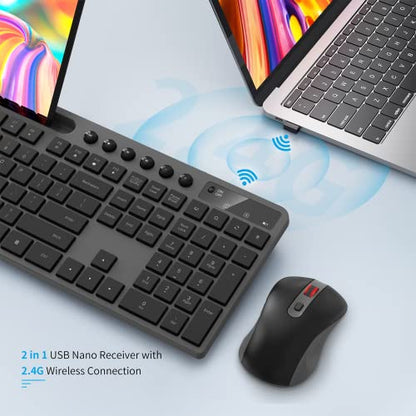 Wireless Keyboard and Mouse Combo, MARVO 2.4G Ergonomic Wireless Computer Keyboard with Phone Tablet Holder, Silent Mouse with 6 Button, Compatible with MacBook, Windows (Grey) - color: Grey