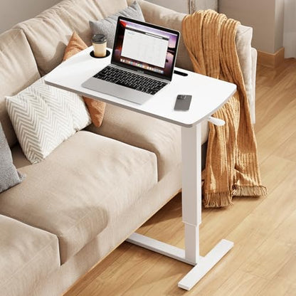 Foldable Overbed Table with Wheels, Pneumatic Adjustable Overbed Bedside Table, Mobile Standing Desk, Hospital Bed Tables Over The Bed, Rolling Laptop Desk with Casters for Home Office - color: White