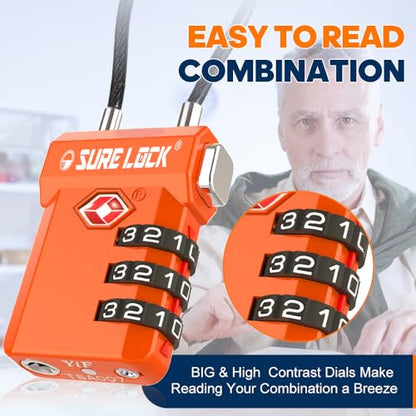 SURE LOCK TSA Approved Luggage Locks with Open Alert Indicator, 3 Digit Combination Cable Travel Lock for Suitcase, Backpack, Gym Locker, Toolbox, Carry On & Travel Bag - color: ORANGE 2 PACK