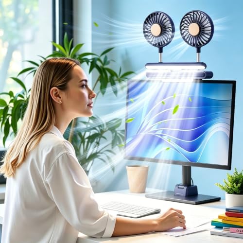 USB Monitor Clip on Fan Deepsea Blue | Flip-Open LED Light Bar, Two-Head Personal Cooling, 3 Wind Speeds, For Flat & Curved Monitors - color: Deepsea Blue