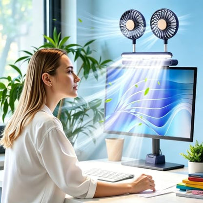 USB Monitor Clip on Fan Deepsea Blue | Flip-Open LED Light Bar, Two-Head Personal Cooling, 3 Wind Speeds, For Flat & Curved Monitors - color: Deepsea Blue