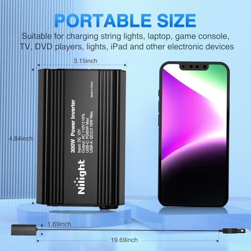 Nilight 300W Power Inverter 1 with PD 65W USB C & QC3.0 12V DC to 110V AC | Car Converter for Phones Tablets Laptop Computer Game Console Kindle iPad DVD Players Black - color: 300W USB+PD 110V Outlet*2