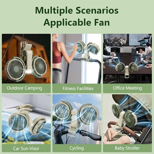 Dual Head Clip on Fan Battery Powered with Light,Portable USB Rechargeable Powerful Desk Table Fans,360°Rotatable Cooling Clamp Fans for Stroller,Car,Golf Cart,Treadmill,Outdoor Camping(Light Green) - color: Green