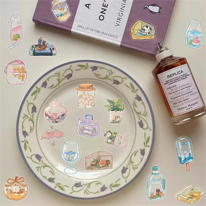 Summer Cartoon Bottles 50 Pcs Transparent PET Stickers - Waterproof handbooks for Cute,Materials - Sticker Art Pieces for Scrapbook Journal Planner Water Bottles Phone Cases Laptops (colourful-B12) - color: Colourful-b12
