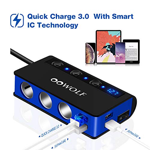 OOWOLF 7 in 1 180W Quick Charge 3.0 Cigarette Lighter Adapter, with Cigarette Lighter Function, for 12V-24V Car, 3-Socket Splitter, 4 USB Ports Car Power Adapter for GPS, Dash Cam, Phone, Tablet etc - color: BLACK-BLUE