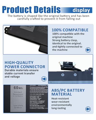 60Wh GT6TK Battery Replacement for Dell Latitude 9440 9450 2-in-1 Series Notebook 0K2CPY K2CPY 0MWK05 MWK05 Battery - size: 10.47*3.98*0.19 inch GT6TK
