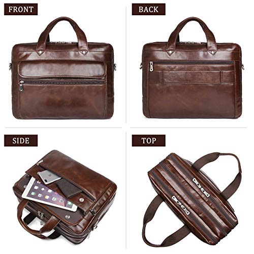 Leather Briefcase for Men, 15.6 Inch Laptop Business Travel Bag | 100% Full Grain Leather | YKK Zipper | Fits 15.6" Laptop | 8 Card Slots + 3 Pen Sleeves | Detachable Strap & Trolley Sleeve - color: Coffee-1