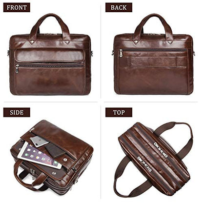 Leather Briefcase for Men, 15.6 Inch Laptop Business Travel Bag | 100% Full Grain Leather | YKK Zipper | Fits 15.6" Laptop | 8 Card Slots + 3 Pen Sleeves | Detachable Strap & Trolley Sleeve - color: Coffee-1