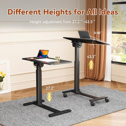 Mobile Standing Desk, Left/Right Rolling Bedside Table | 90° Foldable Laptop Desk with Wheels, Height Adjustable Portable Computer Cart for Hospital Home Use, Black - color: Black