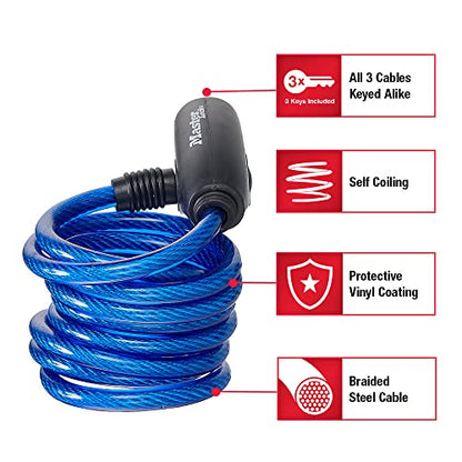 Master Lock Bike Lock Cables with Key, Blue, Green, and Red 3-Pack of Keyed-Alike Bicycle Cable Locks, 6 ft. Long, 8127TRI - size: 6 ft. Long