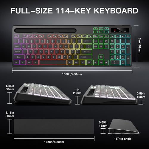 Soueto Wireless Keyboard with 7 Colors & 4 Modes RGB Backlit, Ergonomic Keyboard with Wrist Rest, Phone Tablet Holder, 2.4G Light Up Computer Keyboard with Numeric Keypad for Mac, Windows
