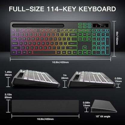 Soueto Wireless Keyboard with 7 Colors & 4 Modes RGB Backlit, Ergonomic Keyboard with Wrist Rest, Phone Tablet Holder, 2.4G Light Up Computer Keyboard with Numeric Keypad for Mac, Windows