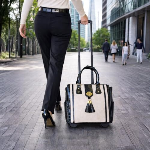 JKM & Company Rolling Briefcase for Women, THE MONTECITO Rolling Laptop Bag for Women - color: Cream, Black