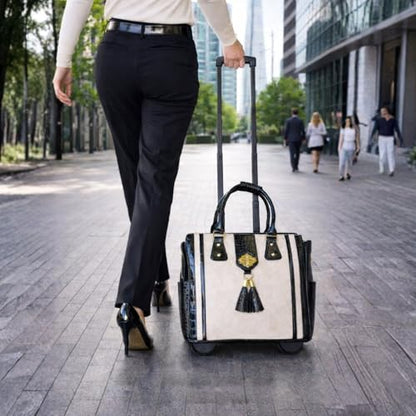 JKM & Company Rolling Briefcase for Women, THE MONTECITO Rolling Laptop Bag for Women - color: Cream, Black
