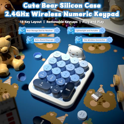 FELICON Cute Wireless Numeric Keypad with Silicon Bear,18-Key-Milk Blue | Colorful Round Keycaps,Ergonomic,2.4Ghz USB Receiver,Portable Financial Accounting Numpad Membrane Keyboard for PC,Mac,Laptop - color: Milk Blue