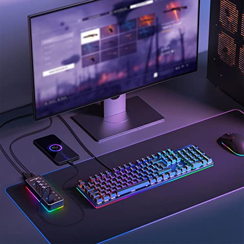 RSHTECH RGB USB Hub, USB C/USB 3.0 to 7-Port Powered USB Hub, RSH-518R | Gaming USB Hub Splitter with 14-Mode RGB LED Strip, 3.3ft USB-C/A Cable, 5V/4A Power Adapter and Individual Touch Switches