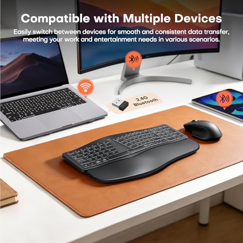 MOKURU Wireless Ergonomic Keyboard, Split Keyboard with Wrist Rest, Full Size 2.4G BT Computer Keyboard, Compatible with Windows, Mac OS, PC Computer/Laptop (Black)