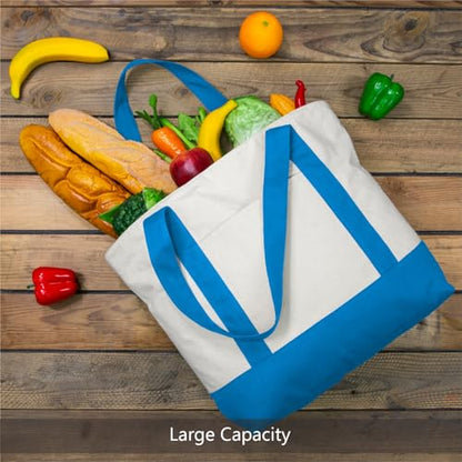 TOPDesign 1-Pack Canvas Tote Bag with an External Pocket, Reusable Grocery Shopping Bag, Top Zipper Closure, Daily Essentials (Ocean Blue/Natural) - color: Ocean Blue/Natural