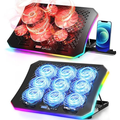 KeiBn 8 Fans Blue & 6 Fans Red Laptop Cooling Pad, Laptop Cooler for 15.6-17.3 Inch Laptops with 7 Height Stands, 2 USB Ports,10 RGB Modes
