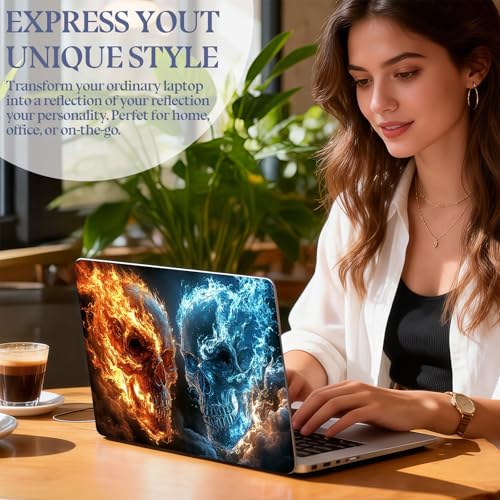 Universal Laptop Skin Sticker Decal,15.6 Inch Laptop Vinyl Cover for 13" 14" 15.6" Laptop,Scratch-Resistant Waterproof Protector Wrap,Reusable with Wrist Pads,Fire Ice Skull Duel - color: Fire Ice Skull Duel