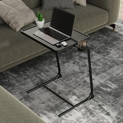 Adjustable TV Tray Table for Breakfast & Dinner - Black Folding Couch Desk with Cup Holder, Portable Eating Tray for Sofa, Bed, Living Room - 6 Height & 3 Angle Adjustments