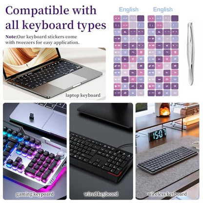 2pcs English Keyboard Stickers Laptop with Tweezer Universal Replacement English Laptop Keyboard Stickers Purple Background with White Lettering Sticker for PC Computer Desktop