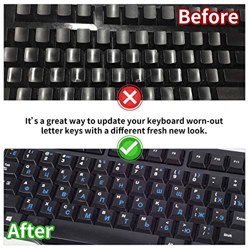 2PCS Russian Keyboard Stickers, Cyrillic Keyboard Letters Replacement Sticker Blue Font with Black Background for PC Computer Laptop Notebook Desktop, Russian-English Keyboard Alphabet Stickers - color: Russian-Blue