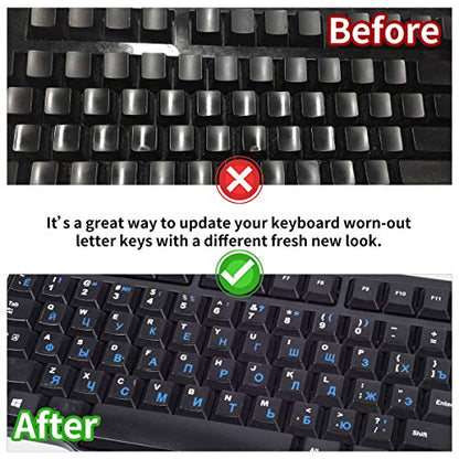 2PCS Russian Keyboard Stickers, Cyrillic Keyboard Letters Replacement Sticker Blue Font with Black Background for PC Computer Laptop Notebook Desktop, Russian-English Keyboard Alphabet Stickers - color: Russian-Blue