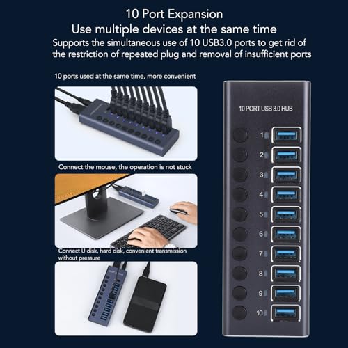 CCYLEZ 10 Port USB 3.0 Hub with Individual Switches and 60W Power Adapter for Laptop PC Game Console (US Plug)