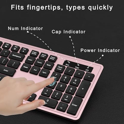 MPTOG Wireless Keyboard and Mouse Combo, Full-Size 104-Key Office Keyboard with 15 Function Keys, Numeric Keypad, Single USB Receiver, Compatible with PC and Laptop(Pink) - color: Pink
