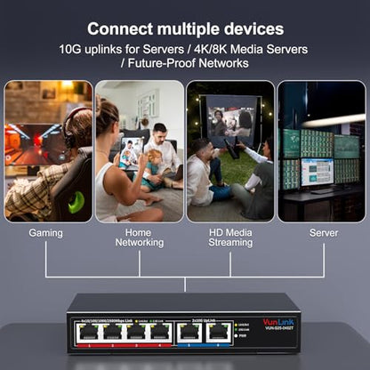 10Gb Ethernet Switch with 4 x 2.5GbE + 2 x 10GbE RJ45 Ports, VunLink 6 Port 10G/2.5G Multi-Gigabit Unmanaged Network Switch, Plug and Play, Fanless, Desktop/Wall-Mount, for Wireless AP, NAS, PC, Home