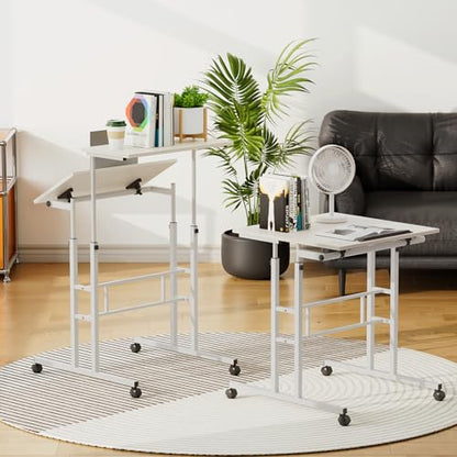 Athena Collection Rolling Standing Desk Small Mobile Table, White | 4 Lockable Wheels, Engineered Wood Split Top, Adjustable Height for Home Office Computer Workstation - color: White