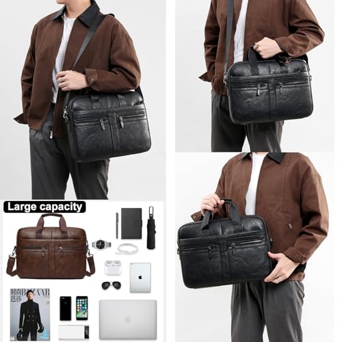 Leather Laptop Bag for Men, Briefcase Crossbody Shoulder Messenger Bag Business Travel Work Attache Case - color: Black
