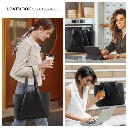 LOVEVOOK Laptop Tote for Women - 15.6 Inch Faux Leather Laptop Bag with Clutch, Large Capacity Office Purse Computer - color: Black, size: 15.6 inch